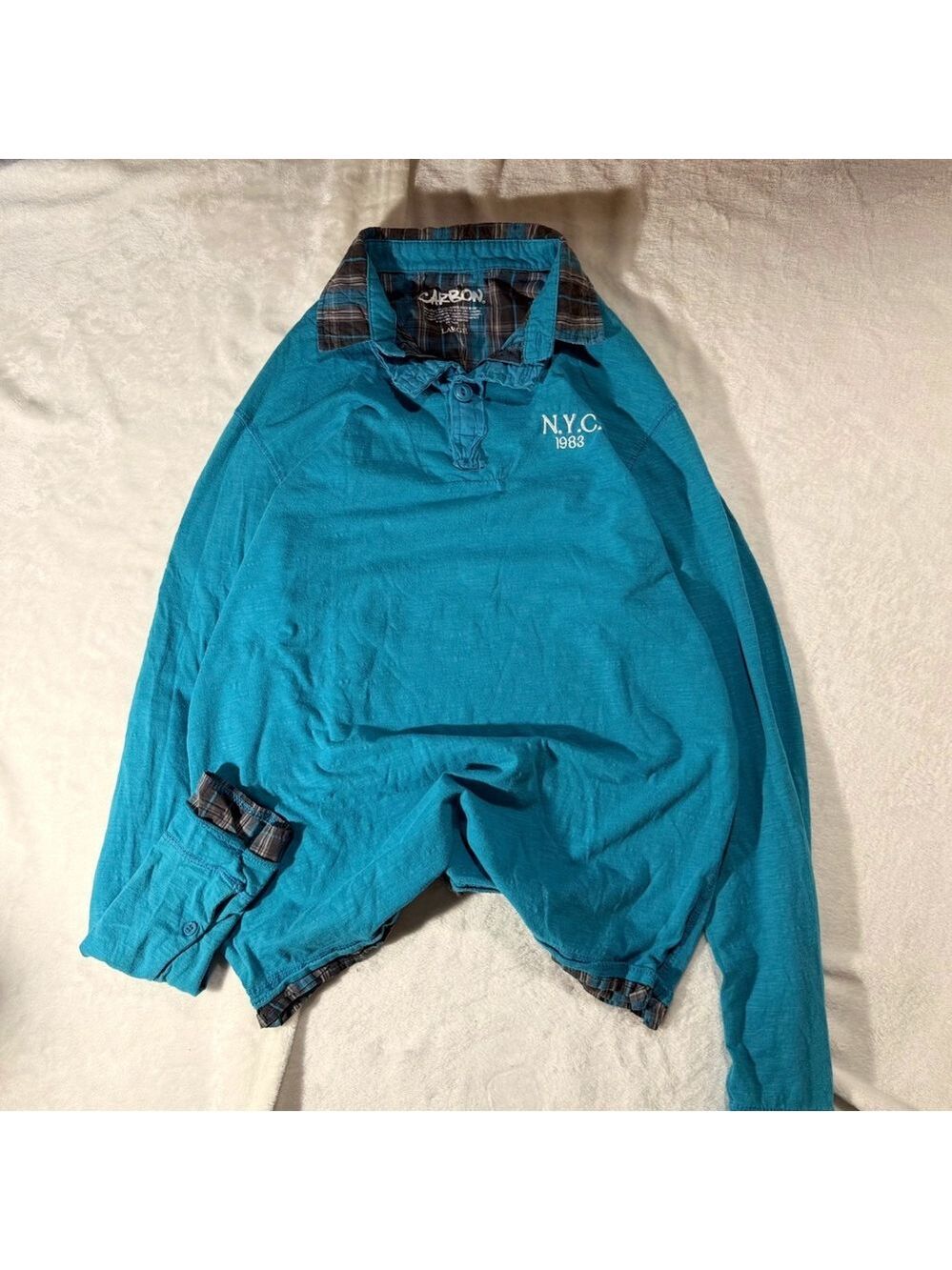 CARBON Mens Long Sleeve Rugby Polo Shirt Blue NYC 1983 Patch Plaid Collar Size L
